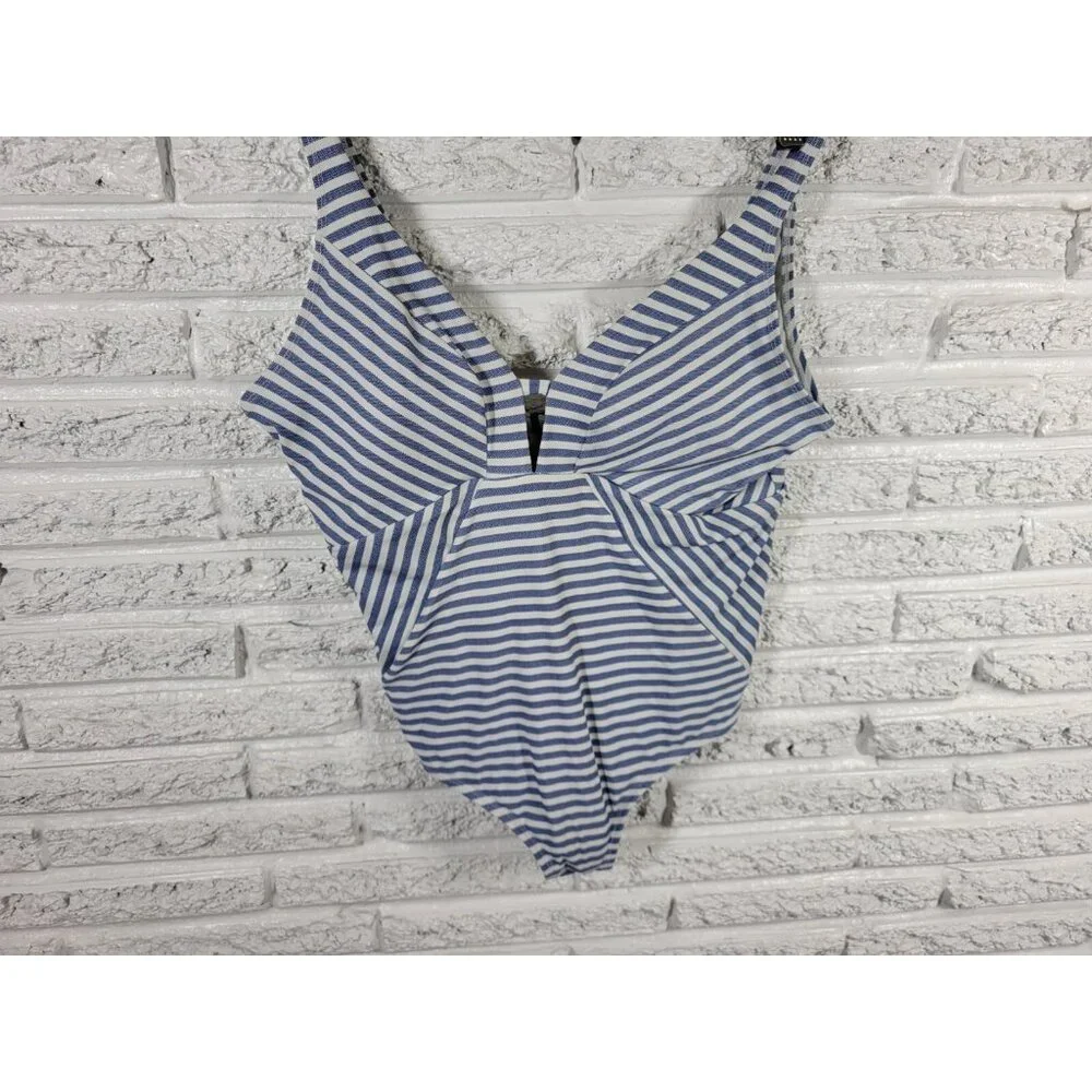 Time Tru Womens Swimsuit 1X Plus One Piece Blue Stripe Plunge Bra STR153E